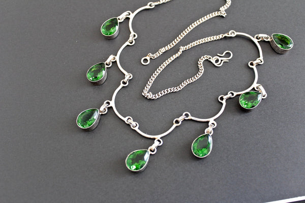 Stunning   Sterling silver 925  Art Deco  Green Peridot  Glass    Necklace / Wedding jewelry #