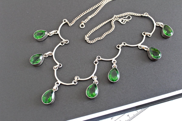 Stunning   Sterling silver 925  Art Deco  Green Peridot  Glass    Necklace / Wedding jewelry #