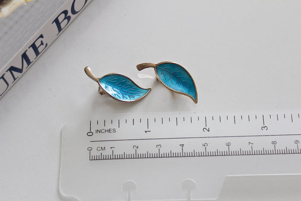 Meka Denmark  Blue  enamel leaf sterling earrings  Denmark  Jewelry  # 2462