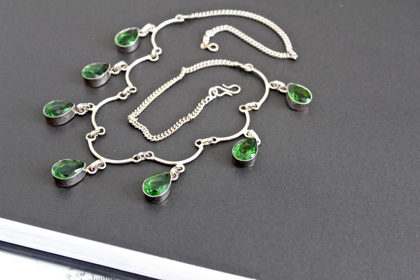 Stunning   Sterling silver 925  Art Deco  Green Peridot  Glass    Necklace / Wedding jewelry #