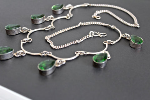 Stunning   Sterling silver 925  Art Deco  Green Peridot  Glass    Necklace / Wedding jewelry #