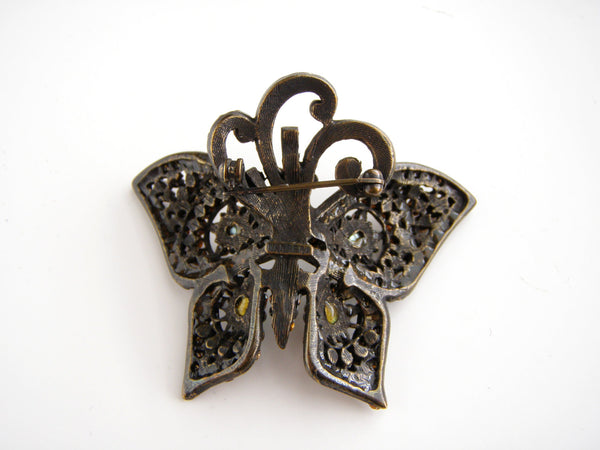 Gorgeous Barrera signed Bronze tone Multi color Rhinestones Butterfly Brooch #2353