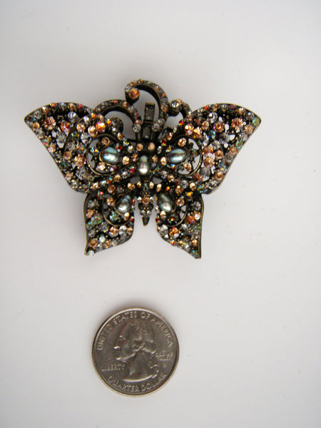Gorgeous Barrera signed Bronze tone Multi color Rhinestones Butterfly Brooch #2353