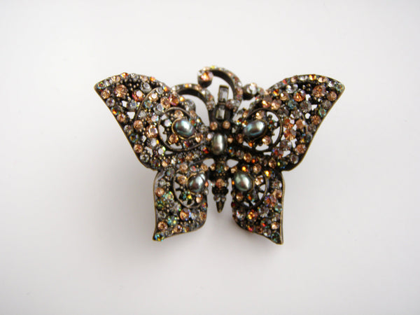 Gorgeous Barrera signed Bronze tone Multi color Rhinestones Butterfly Brooch #2353