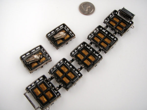 Sarah Coventry Midnight Madness  Art Deco Bracelet & Earrings Clip on #2368