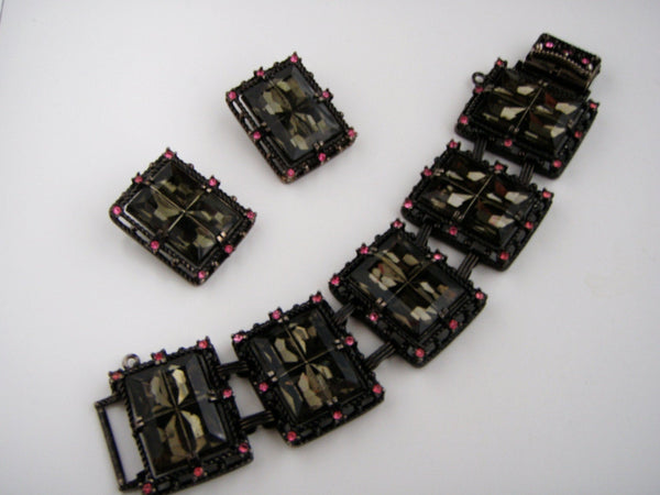 Sarah Coventry Midnight Madness  Art Deco Bracelet & Earrings Clip on #2368