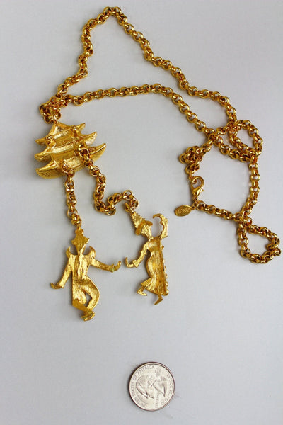 Kenneth Jay Lane KJL Necklace Pendant Brooch Pagoda with 2 Chinese dancers #1479