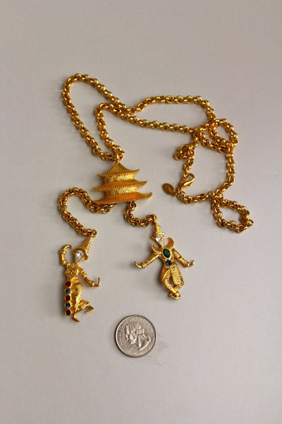 Kenneth Jay Lane KJL Necklace Pendant Brooch Pagoda with 2 Chinese dancers #1479