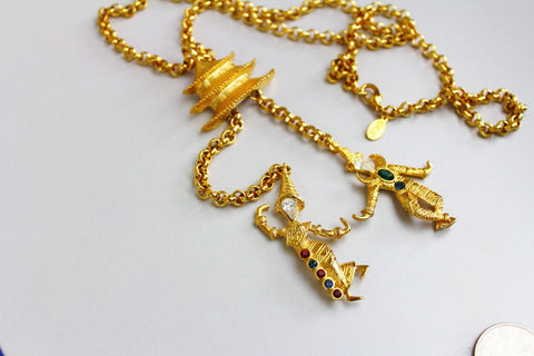 Kenneth Jay Lane KJL Necklace Pendant Brooch Pagoda with 2 Chinese dancers #1479