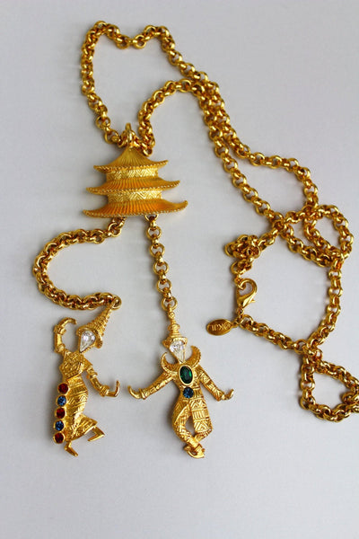 Kenneth Jay Lane KJL Necklace Pendant Brooch Pagoda with 2 Chinese dancers #1479