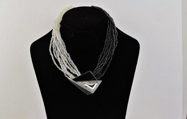 Trifari Kunio Matsumoto Black Enamel  Necklace with Clear and black beads #1001
