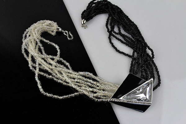 Trifari Kunio Matsumoto Black Enamel  Necklace with Clear and black beads #1001