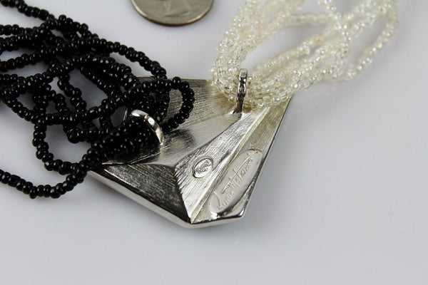 Trifari Kunio Matsumoto Black Enamel  Necklace with Clear and black beads #1001