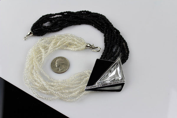 Trifari Kunio Matsumoto Black Enamel  Necklace with Clear and black beads #1001
