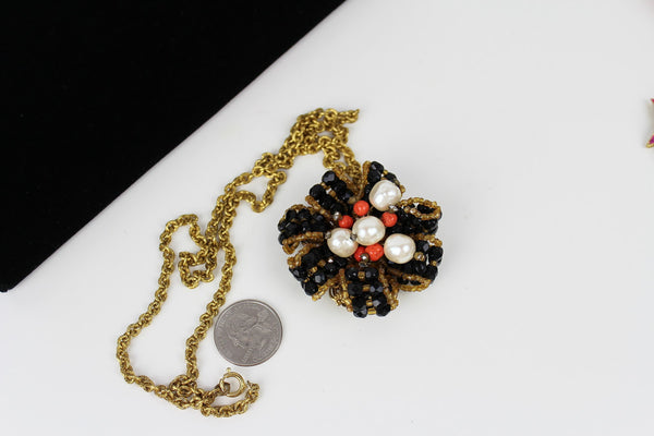 Stanley Hagler Baroque Pearl /  Coral/ Black pendant/ necklace #2378