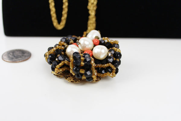 Stanley Hagler Baroque Pearl /  Coral/ Black pendant/ necklace #2378