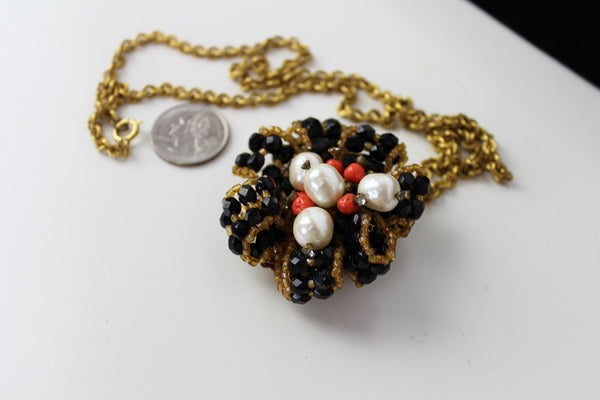 Stanley Hagler Baroque Pearl /  Coral/ Black pendant/ necklace #2378