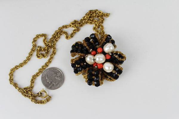 Stanley Hagler Baroque Pearl /  Coral/ Black pendant/ necklace #2378
