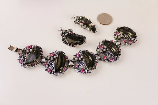 Fab POME Bracelet &  Earring  Clip on / Half-moon Black / Jet  Rhinestone #2322