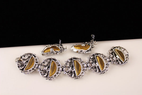 Fab POME Bracelet &  Earring  Clip on / Half-moon Black / Jet  Rhinestone #2322