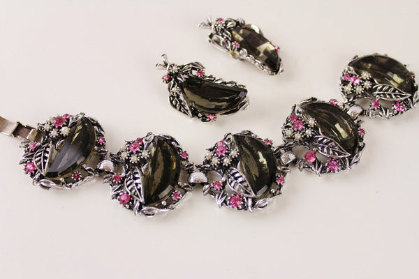 Fab POME Bracelet &  Earring  Clip on / Half-moon Black / Jet  Rhinestone #2322