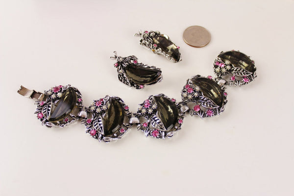 Fab POME Bracelet &  Earring  Clip on / Half-moon Black / Jet  Rhinestone #2322