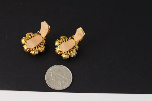 Jose Maria Barrera Goldtone Pale Pink /Coral/ faux Peridot  Flower Earrings Clip on #2327