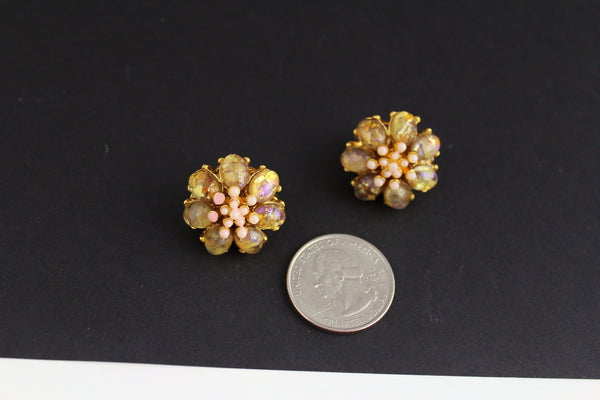 Jose Maria Barrera Goldtone Pale Pink /Coral/ faux Peridot  Flower Earrings Clip on #2327