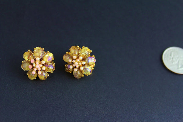 Jose Maria Barrera Goldtone Pale Pink /Coral/ faux Peridot  Flower Earrings Clip on #2327