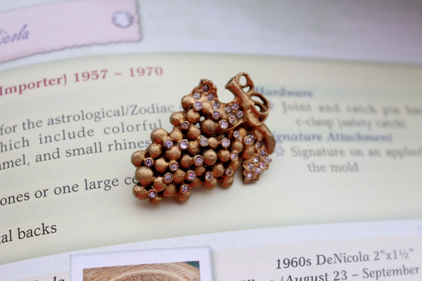 Signed De Nicola Brushed Gold Rhinestone Grape Cluster Pin/Brooch #240