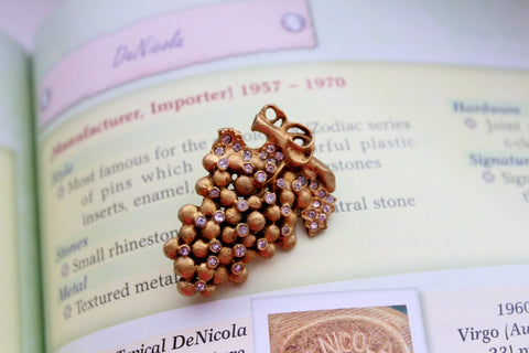 Signed De Nicola Brushed Gold Rhinestone Grape Cluster Pin/Brooch #240