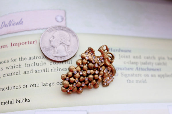 Signed De Nicola Brushed Gold Rhinestone Grape Cluster Pin/Brooch #240