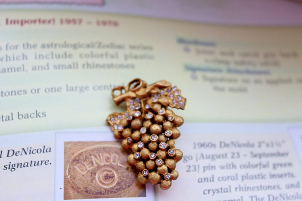 Signed De Nicola Brushed Gold Rhinestone Grape Cluster Pin/Brooch #240