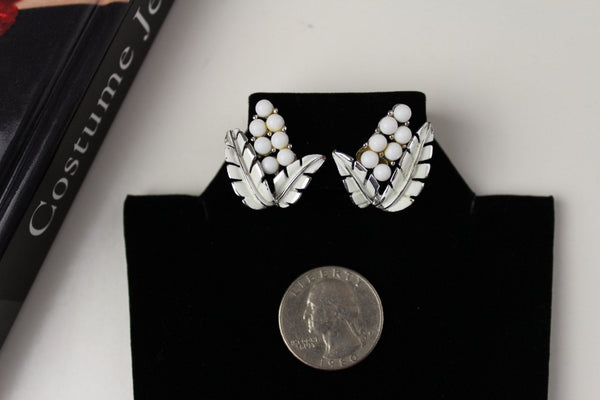 Signed Coro White  enamel Earrings  70s Jewelry #1208