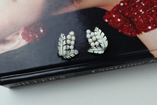 Signed Coro White  enamel Earrings  70s Jewelry #1208