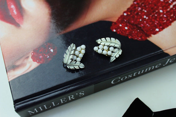 Signed Coro White  enamel Earrings  70s Jewelry #1208