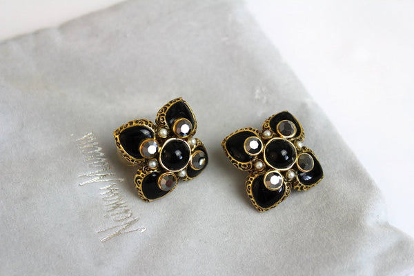 Jose Maria Barrera Black  Rhinestones Cross  Earrings Clip on #919