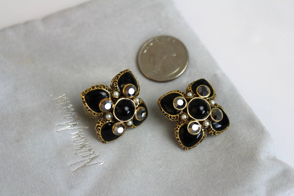 Jose Maria Barrera Black  Rhinestones Cross  Earrings Clip on #919