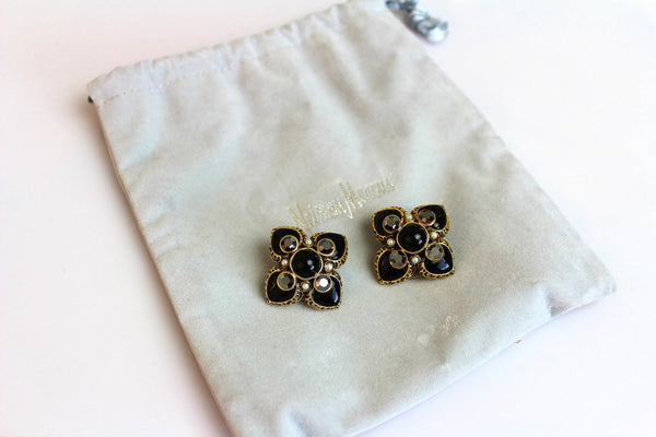 Jose Maria Barrera Black  Rhinestones Cross  Earrings Clip on #919
