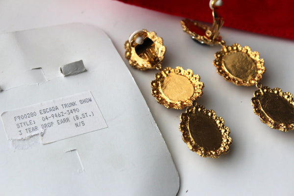 Escada Black Clear Rhinestones  tear drop Dangling  Earrings / Original Box #1517