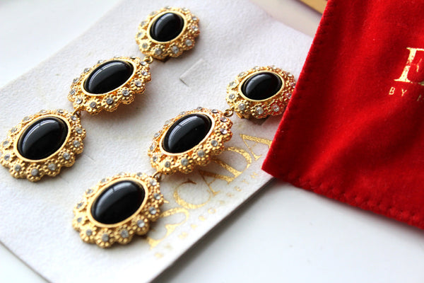 Escada Black Clear Rhinestones  tear drop Dangling  Earrings / Original Box #1517