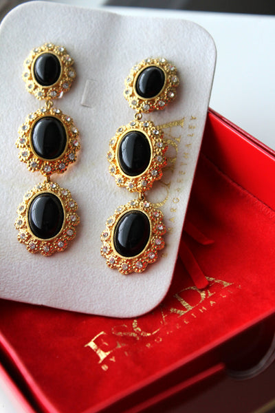 Escada Black Clear Rhinestones  tear drop Dangling  Earrings / Original Box #1517