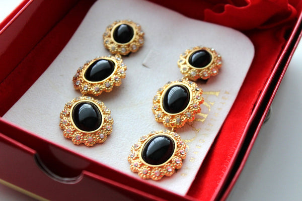 Escada Black Clear Rhinestones  tear drop Dangling  Earrings / Original Box #1517