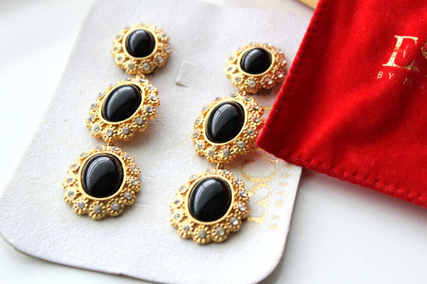 Escada Black Clear Rhinestones  tear drop Dangling  Earrings / Original Box #1517