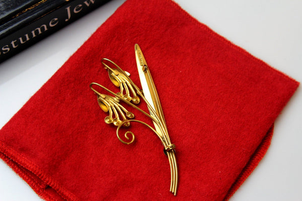 Sterling  Goldtone  FLOWER  Brooch Pin with red  rhineatones # 572